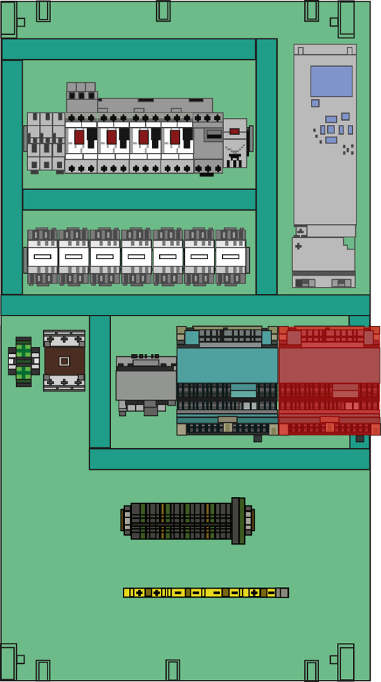 Zeichnung einer Montageplatte mit viele Betriebsmitteln, nicht alle passen auf die Montageplatte